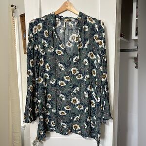 Free People Bell Sleeve Floral Green Tunic